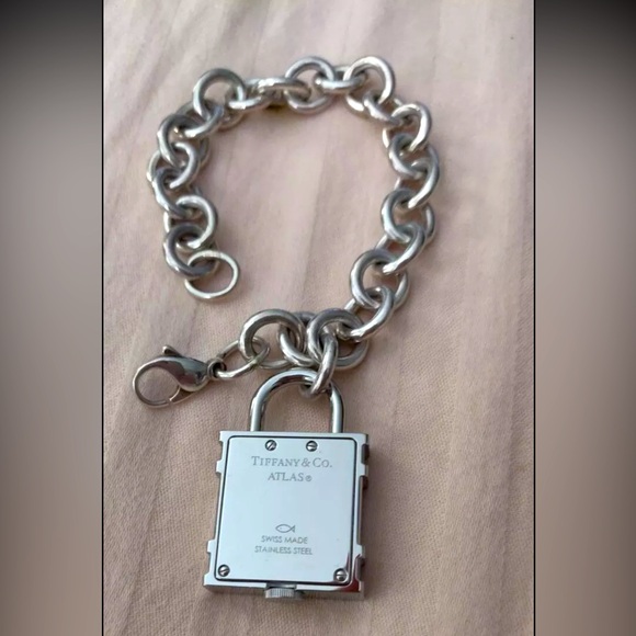 Like-NEW!Tiffany & Co Atlas Lock Swiss Watch Charm Link Bracelet Sterling Silver - Picture 2 of 9